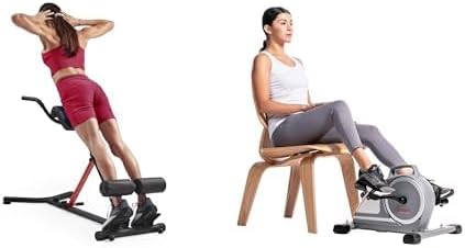 Sunny Health & Fitness Magnetic Under Desk Mini Exercise Cycle Bike, Dual Function Pedal Exerciser + Unisex's Station Hyperextension Roman Chair with Dip Station, Black