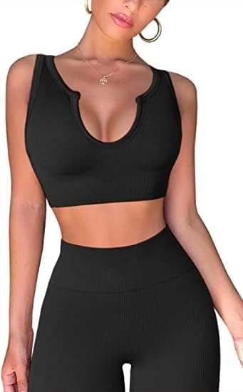 Yoga Pants 2 Piece Ribbed Seamless Yoga Outfit Workout Outfits Crop Tank High Waist Yoga Leggings Sets for Women Fitness Clothes Tracksuit