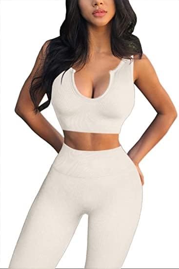 Yoga Pants 2 Piece Ribbed Seamless Yoga Outfit Workout Outfits Crop Tank High Waist Yoga Leggings Sets for Women Fitness Clothes Tracksuit
