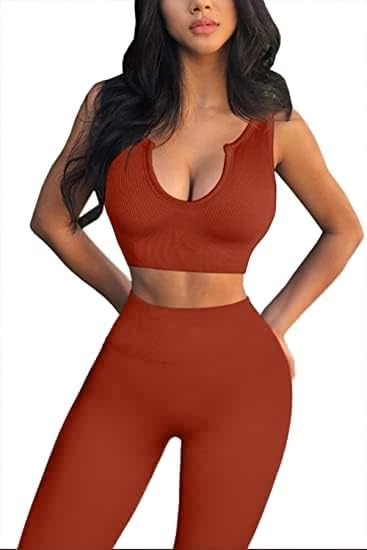 Yoga Pants 2 Piece Ribbed Seamless Yoga Outfit Workout Outfits Crop Tank High Waist Yoga Leggings Sets for Women Fitness Clothes Tracksuit