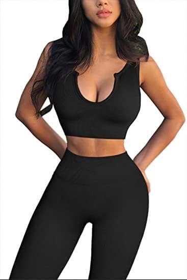 Yoga Pants 2 Piece Ribbed Seamless Yoga Outfit Workout Outfits Crop Tank High Waist Yoga Leggings Sets for Women Fitness Clothes Tracksuit