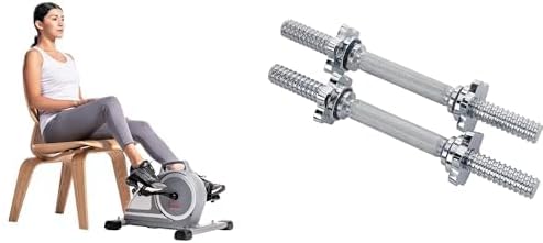 Sunny Health & Fitness Magnetic Under Desk Mini Exercise Cycle Bike, Dual Function Pedal Exerciser + 35.5 cm Threaded Chrome Dumbbell Bar