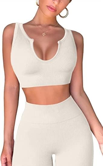 Yoga Pants 2 Piece Ribbed Seamless Yoga Outfit Workout Outfits Crop Tank High Waist Yoga Leggings Sets for Women Fitness Clothes Tracksuit