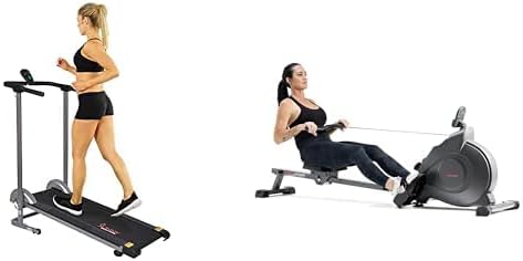 Sunny Health & Fitness Magnetic Rowing Machine with Exclusive SunnyFit App + Sunny Health & Fitness SF-T1407M Foldable Compact Manual Treadmill with LCD Monitor