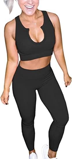 Yoga Pants 2 Piece Ribbed Seamless Yoga Outfit Workout Outfits Crop Tank High Waist Yoga Leggings Sets for Women Fitness Clothes Tracksuit