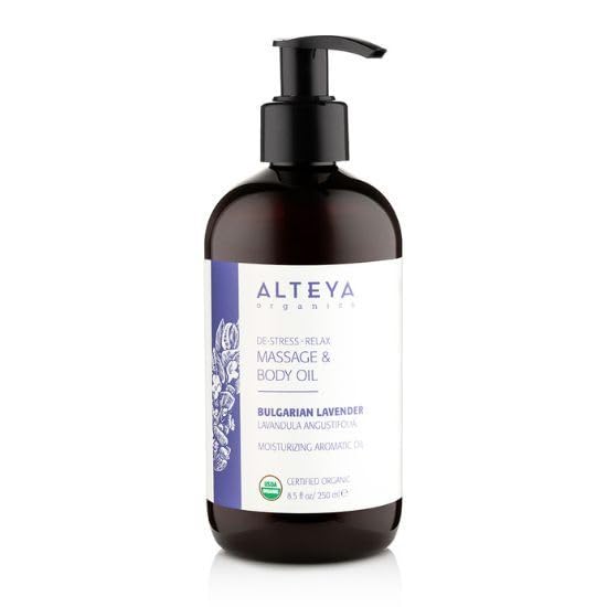 Alteya Organics Massage Oil Lavender USDA Certified Organic Massage Lotion, 8.5 Fl Oz/250mL Calming and Nourishing