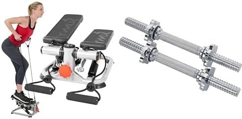 Sunny Health & Fitness Advanced Mini Home Steppers with Resistance Bands - SF-S0978 + Sunny Health & Fitness 35.5 cm (14") Threaded Chrome Dumbbell Bar