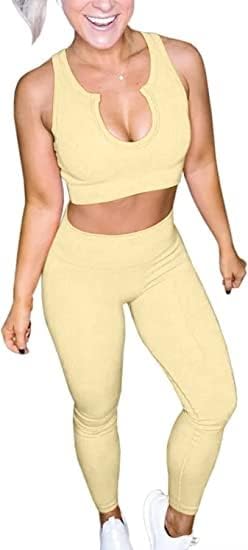 Yoga Pants 2 Piece Ribbed Seamless Yoga Outfit Workout Outfits Crop Tank High Waist Yoga Leggings Sets for Women Fitness Clothes Tracksuit