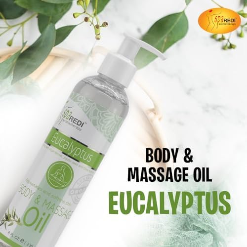 SPA REDI - Massage Oil, Eucalyptus, 8 Oz - Professional Full Body Massage Therapy, Manicure, Pedicure - Relax Sore Muscles and Repair Dry Skin, Enhanced with High Absorption Oils and Vitamin E