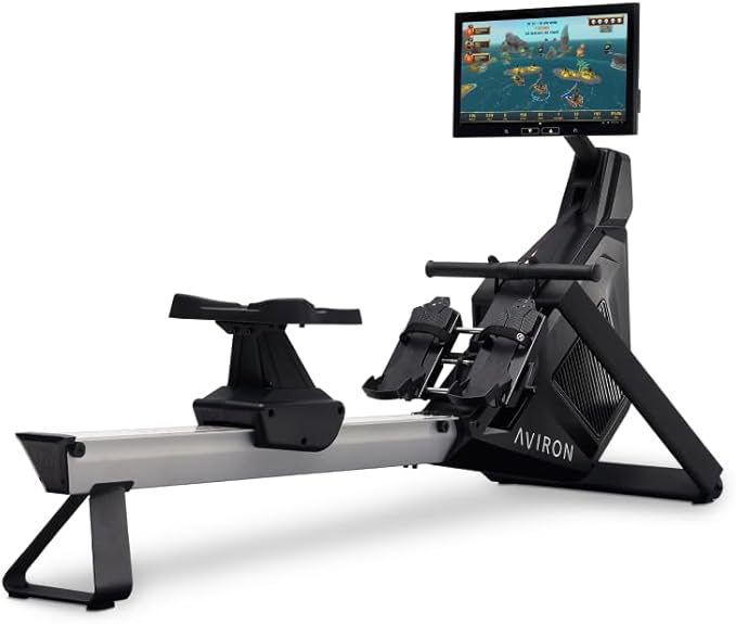 Aviron Strong Series Rower: 22" HD Touchscreen, Dual Air & Magnetic Resistance up to 100 lbs. Game-Based Workouts, Streaming, Compact Design, Black