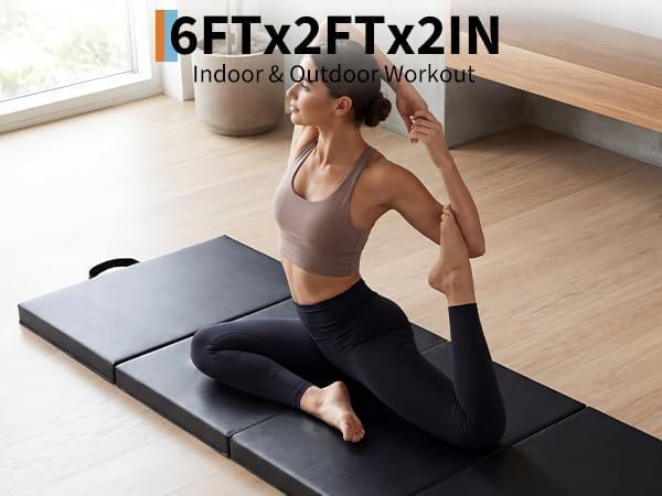 GarveeLife 6x2Ft Folding Gymnastics Mat, Exercise Mats & Gymnastics Tumbling Mats, Thick Portable Home Gym Floor Pad for Yoga, Pilates, Aerobics & Martial Arts Training, Four Pads Folding design
