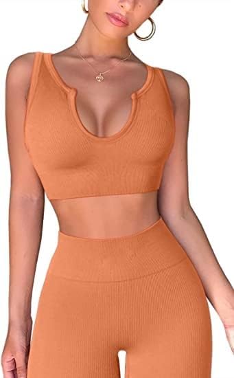 Yoga Pants 2 Piece Ribbed Seamless Yoga Outfit Workout Outfits Crop Tank High Waist Yoga Leggings Sets for Women Fitness Clothes Tracksuit