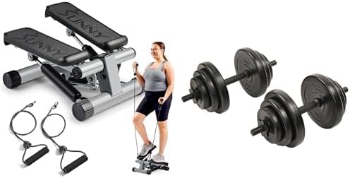 Sunny Health & Fitness Mini Stepper Machine, Stair Stepper Exercise Equipment with Resistance Bands for Home Workout + Exercise Vinyl 18 KG Dumbbell Set Hand Weights for Strength Training - NO.087