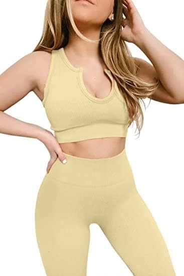 Yoga Pants 2 Piece Ribbed Seamless Yoga Outfit Workout Outfits Crop Tank High Waist Yoga Leggings Sets for Women Fitness Clothes Tracksuit