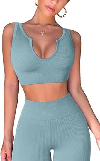Yoga Pants 2 Piece Ribbed Seamless Yoga Outfit Workout Outfits Crop Tank High Waist Yoga Leggings Sets for Women Fitness Clothes Tracksuit