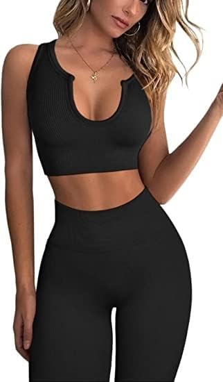 Yoga Pants 2 Piece Ribbed Seamless Yoga Outfit Workout Outfits Crop Tank High Waist Yoga Leggings Sets for Women Fitness Clothes Tracksuit