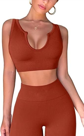 Yoga Pants 2 Piece Ribbed Seamless Yoga Outfit Workout Outfits Crop Tank High Waist Yoga Leggings Sets for Women Fitness Clothes Tracksuit