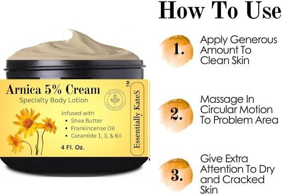 Essentially KateS Arnica 5% Cream Lotion 4 Fl Oz – Frankincense Oil, Shea Butter, Ceramides 1, 3, 6II for Skin & Muscle Care