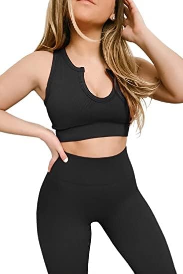 Yoga Pants 2 Piece Ribbed Seamless Yoga Outfit Workout Outfits Crop Tank High Waist Yoga Leggings Sets for Women Fitness Clothes Tracksuit