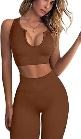 Yoga Pants 2 Piece Ribbed Seamless Yoga Outfit Workout Outfits Crop Tank High Waist Yoga Leggings Sets for Women Fitness Clothes Tracksuit