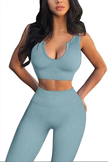 Yoga Pants 2 Piece Ribbed Seamless Yoga Outfit Workout Outfits Crop Tank High Waist Yoga Leggings Sets for Women Fitness Clothes Tracksuit