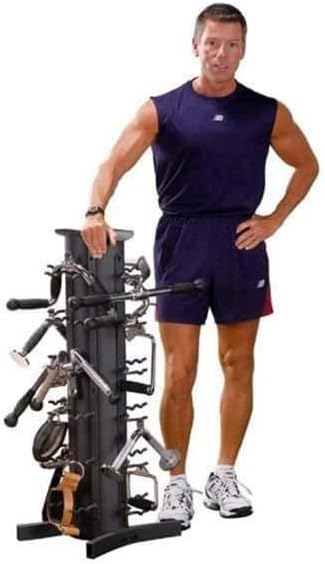 Body-Solid Vertical Gym Organizer Package with Lat and Curl Bar, Revolving Bars, Tricep Pressdown and Handles, Compact Storage Rack for 20 Handles & Straps, Home Accessories Organization