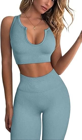 Yoga Pants 2 Piece Ribbed Seamless Yoga Outfit Workout Outfits Crop Tank High Waist Yoga Leggings Sets for Women Fitness Clothes Tracksuit