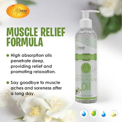 SPA REDI - Massage Oil, Eucalyptus, 8 Oz - Professional Full Body Massage Therapy, Manicure, Pedicure - Relax Sore Muscles and Repair Dry Skin, Enhanced with High Absorption Oils and Vitamin E