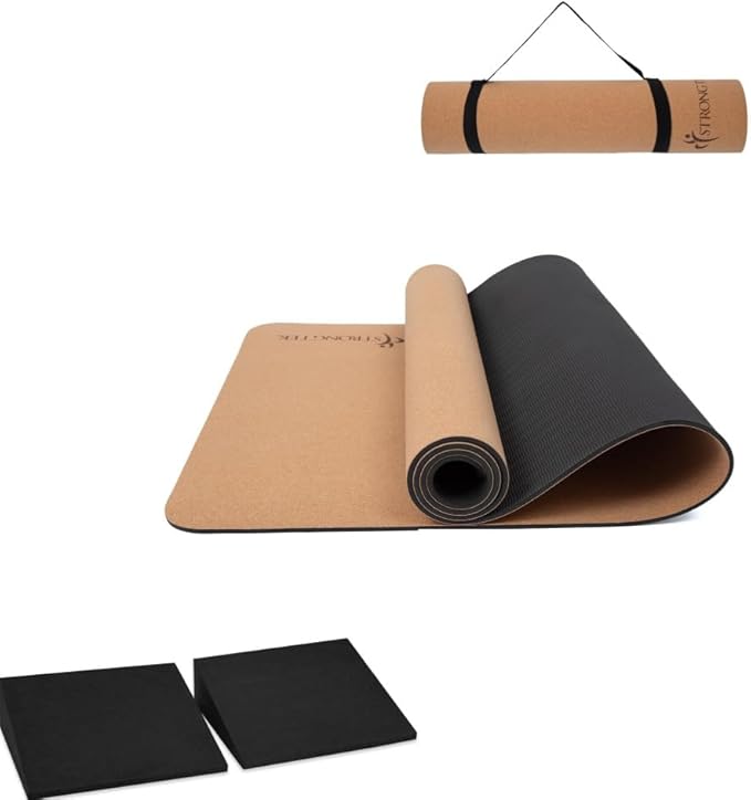 StrongTek Cork Yoga Set – Eco Yoga Mat + XL Foam Wedge Blocks, Non-Slip, Supportive & Cushioned for Hot Yoga, Stretching & Balance Training