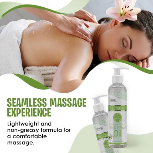 SPA REDI - Massage Oil, Eucalyptus, 8 Oz - Professional Full Body Massage Therapy, Manicure, Pedicure - Relax Sore Muscles and Repair Dry Skin, Enhanced with High Absorption Oils and Vitamin E
