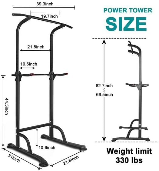 Power Tower Workout Dip Station Pull Up Bar, Height Adjustable Multi-Function Dip Stand for Home Gym Strength Training Fitness Equipment