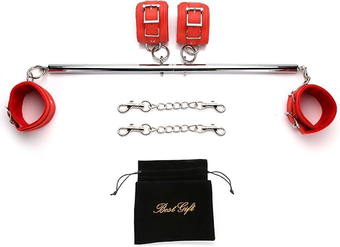 Silver Pilates Bar Kit with 4 Red Fur Straps - Includes Exercise Guide & Storage Bag for Home Fitness