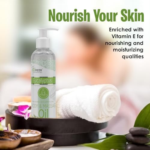 SPA REDI - Massage Oil, Eucalyptus, 8 Oz - Professional Full Body Massage Therapy, Manicure, Pedicure - Relax Sore Muscles and Repair Dry Skin, Enhanced with High Absorption Oils and Vitamin E