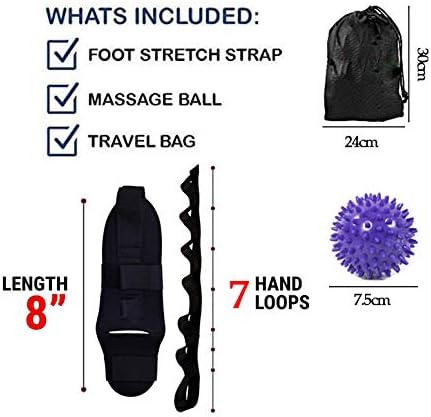 Foot and Calf Stretcher, Leg Stretcher, Hamstring Stretcher, Stretching Strap For Plantar Fasciitis, Heel Spurs, Foot Drop, Achilles Tendonitis, Included Bag and Massage Ball (Black)