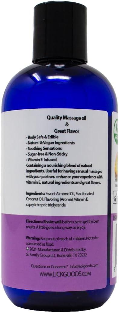 Lick Coconut Flavored Massage Oil – Tropical Edible Massage Oil with Sweet Almond Oil & Vitamin E, Hydrating Body-Safe Formula for Relaxing Couples Massage, 8 oz