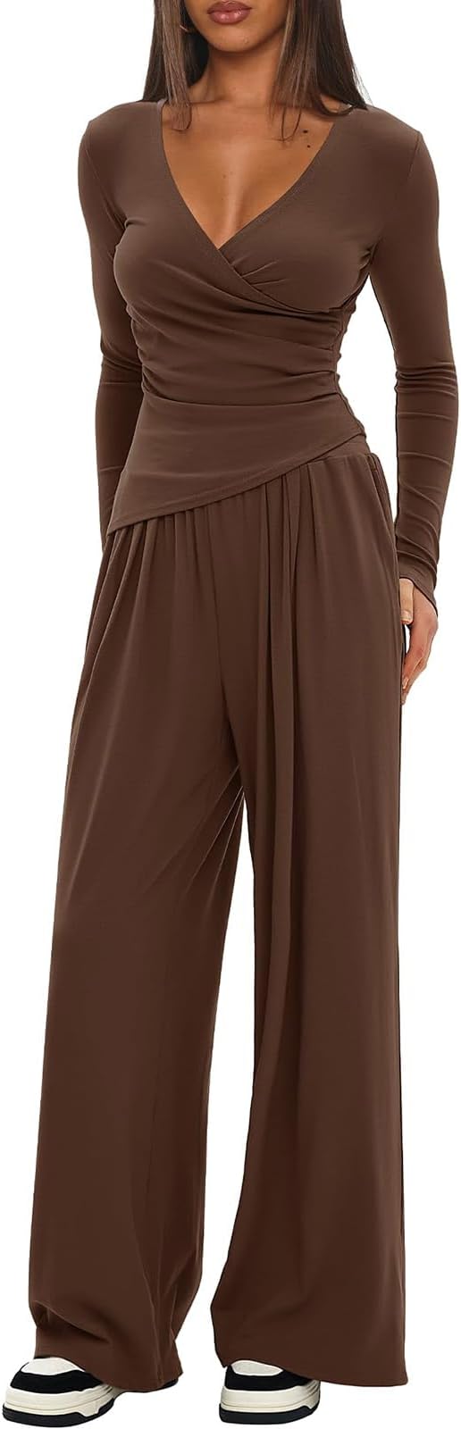 Womens 2 Piece Outfits Pilates Yoga Long Sleeve Tops Wide Leg Pants Sets Sexy Fashion Workout Outfits Casual Clothes