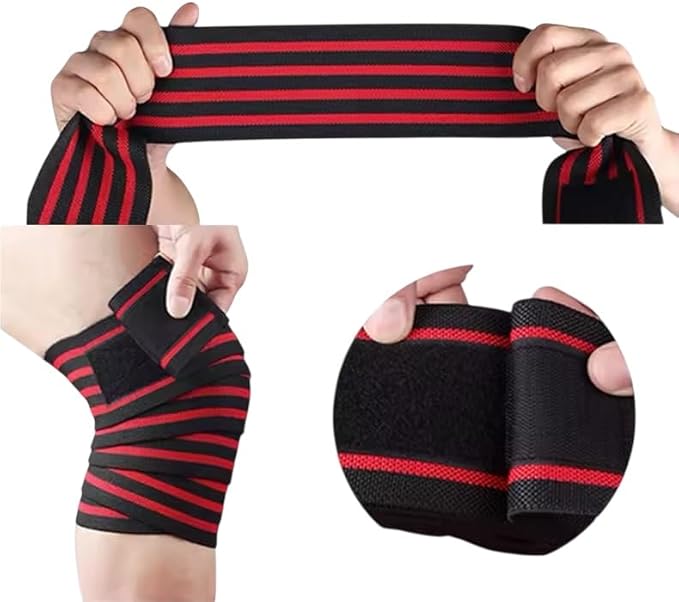 Knee Wraps for Weightlifting Bodybuilding Deadlifting and Squats, Black and Red Striped, 72 Inches Length, Gym Fitness Workout Support, Pair