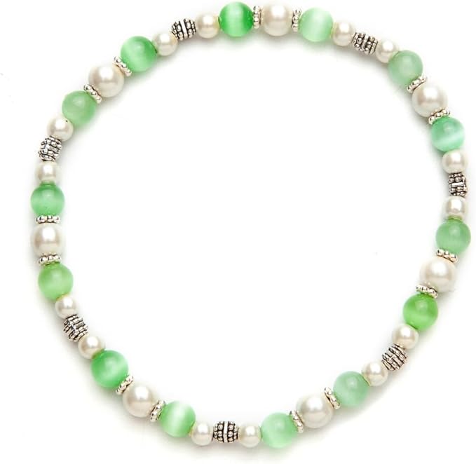Cats Eye Light Green and White Magnetic Hematite Stretch Wellness Anklet (Size Small - 9")