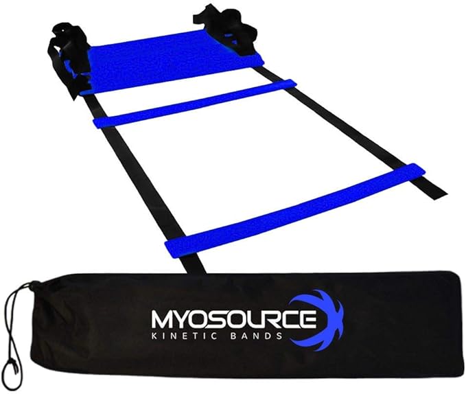 Myosource Kinetic Bands Quick Step Speed & Agility Training Ladder Plus 16 Training Cones - 15 feet Long 20 inches Wide 11 Detachable Rungs All Sports and Fitness Training (Blue Ladder & Cones)