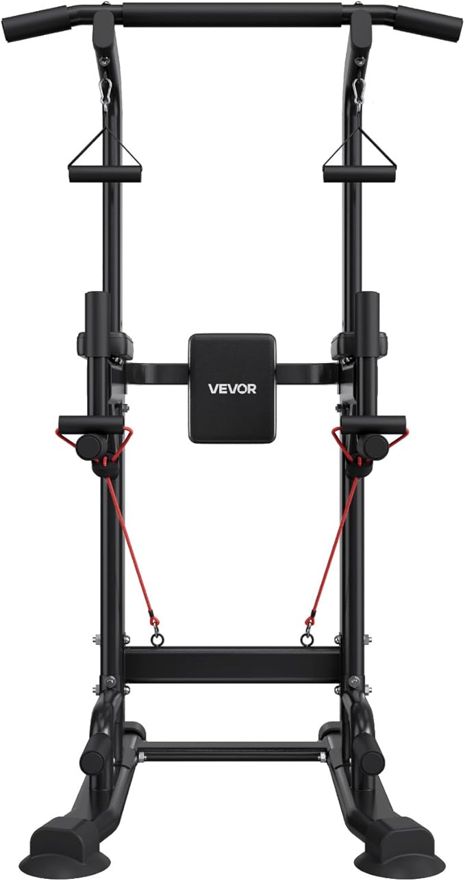 VEVOR Pull Up Bar, 330 LBS Power Tower Dip Station, Workout Dip Station with H-Shaped Stable Base & Back Pad, Adjustable 12 Level Height Free Standing Chin Up Bar for Back, 4-Level Adjustable Back Pad