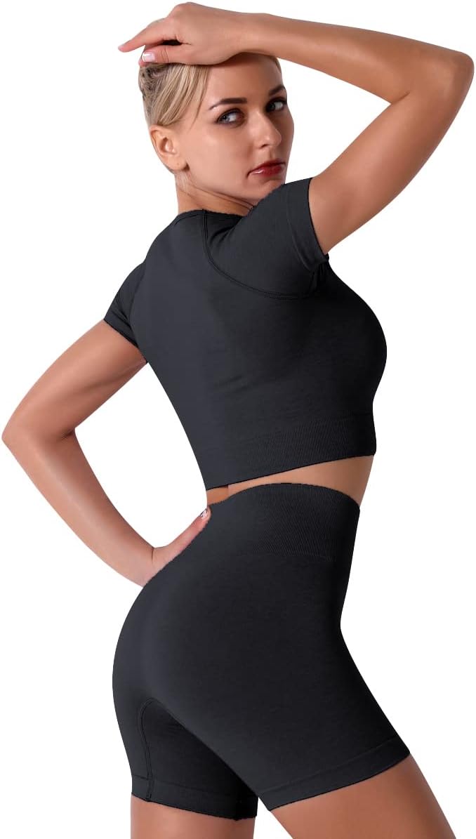 IMEKIS Women's Yoga Outfit Seamless Workout Set High Waist Exercise Shorts Pants with Sport Crop Top Bra 2PCS Gym Tracksuits