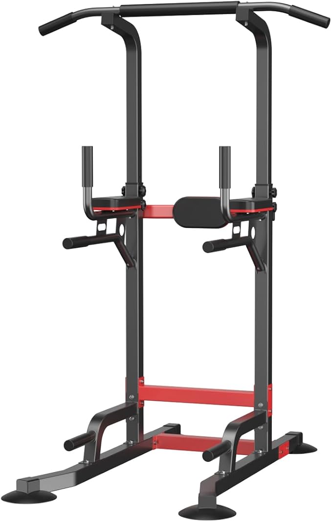 Power Tower Dip Station Pull Up Bar - Multi-Purpose Home Gym Equipment with Adjustable Height and Non-Slip Foot Pads - 150kgs Capacity