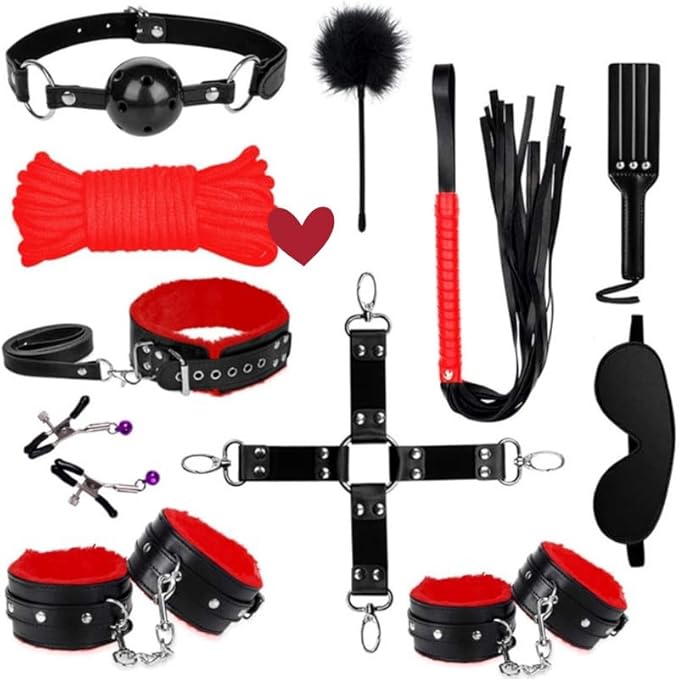 Pilates 11 Piece Fashion Design Leather Combination Set (Black Red), Fun Cosplay Racket Accessories, Wrist and Hip Yoga Supplies, Couple Gifts