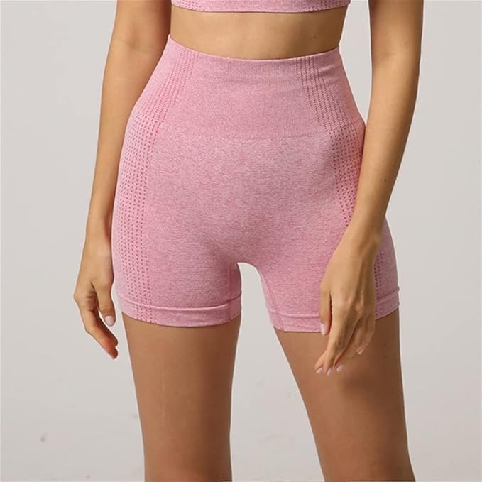 Yoga Set Seamless Women Long Sleeve Blouses Top Gym Sport Bra High Waist Tight Leggings Fitness Suit Shorts Sets (Color : Pink Shorts, Size : Small)
