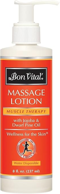 Bon Vital' Muscle Therapy Massage Lotion, 8 Oz Pump, Infused with Dwarf Pine and Essential Oils, Professional Lotion for IASTM and Graston Massage, Non-Greasy, Unscented