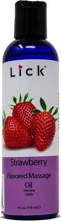 Lick Strawberry Flavored Massage Oil with Natural Vitamin E - Aromatherapy & Moisturizing Body Oil for Relaxing Muscle Massage - Essential Non-Sticky Skin Therapy for Men and Women - 4 oz
