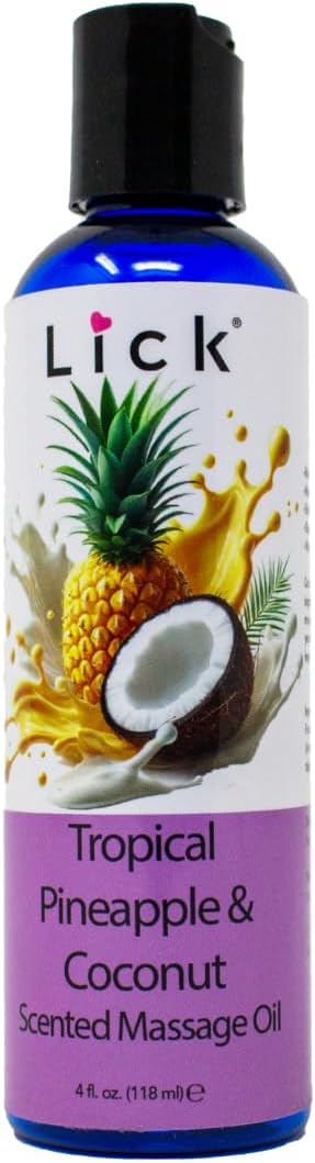 Lick Tropical Coconut and Pineapple Massage Oil – Island-Inspired Edible Massage Oil with Almond Oil & Vitamin E, Smooth Glide for Couples Massage Escapes, 4 oz