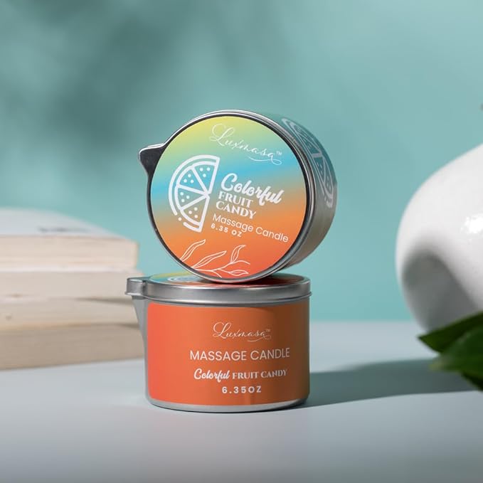 Massage Candle-Low Temp Scented Soybean Oil-Heat Therapy Body Oil Lotion Candle-Natural Shea Butter Massage Oil for Couples-6.35 OZ (Colorful Fruit Candy Scent)