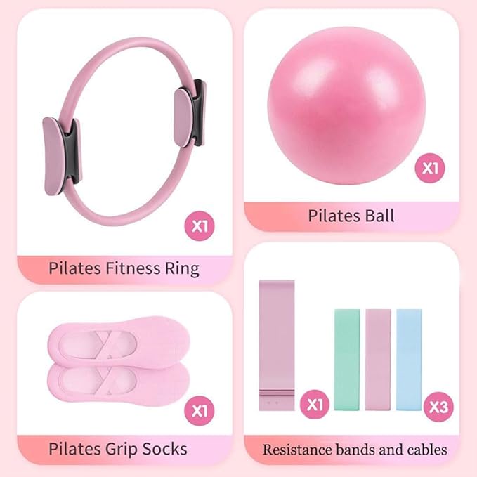 Pilates Ring Set, 14" Magic Circle, Long & Loop Resistance Bands, Soft Pilates Ball, Grip Socks,Puller, Home Workout Equipment for Women & Beginners to Tone, Flexibility & Core Strength