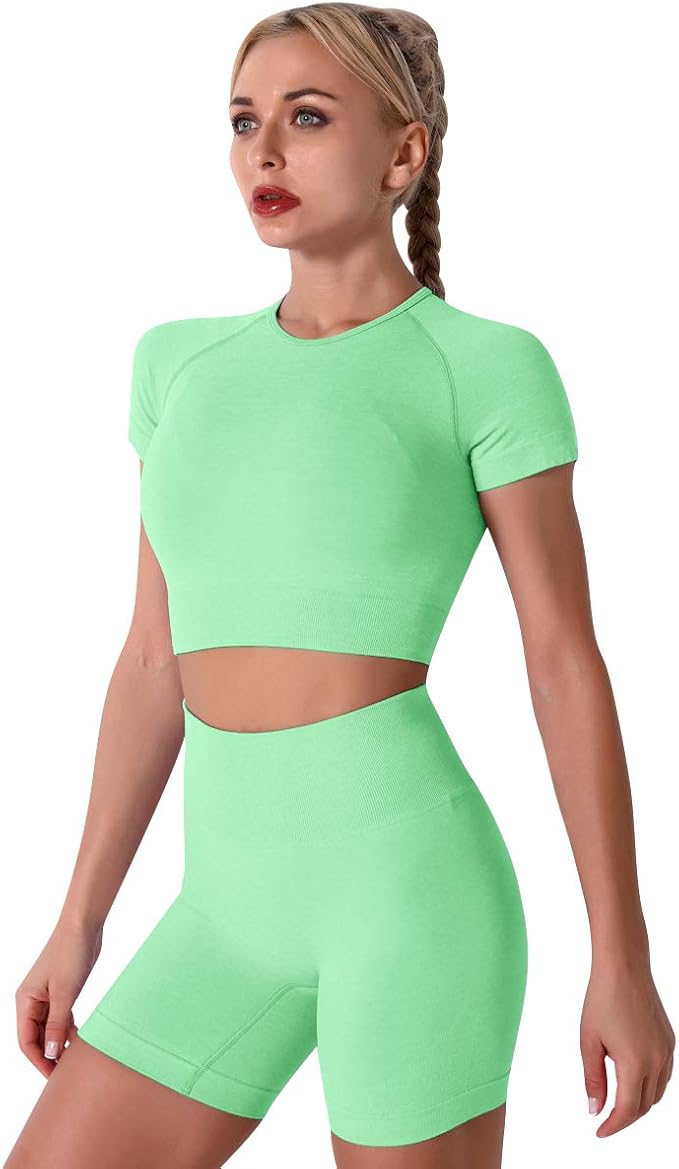 IMEKIS Women's Yoga Outfit Seamless Workout Set High Waist Exercise Shorts Pants with Sport Crop Top Bra 2PCS Gym Tracksuits
